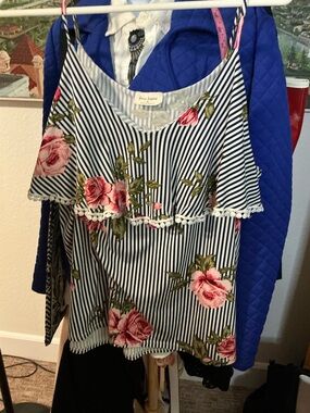 Free Kisses Navy & White Striped Floral Ruffle Cold-Shoulder Camisole